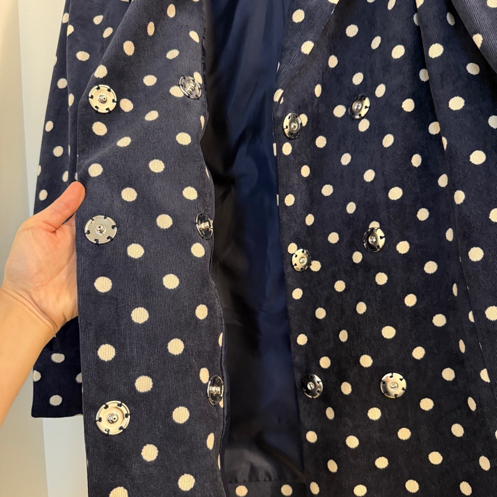 White and Blue Polka Dot Blazer with Puff Sleeves - Picture 11 of 14